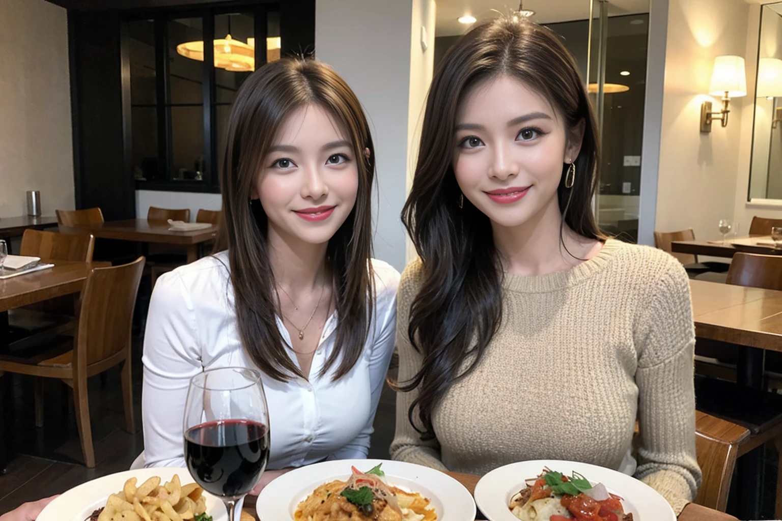（Realistic:1.1）,(masterpiece,Highest quality)，8k,(49 years old), 53 years old, ベリーslimボディ、slimカップル、Tight waist,Upper Body,full-course dinner、wine 、Amazing view of the sunset sky and clouds、Perfect Anatomy, Brown Hair, short hair,Random Hairstyles,((Highly detailed face and eyes:1.2))，Perfect golden ratio face，Long sleeve shirt、dress,(smile:1.2)、Shortcuts、cute、(Realistic, Intricate details:1.2), A bright smile、short hair,Bright Face、赤wine 、Appetizers、Italian food、wine bottle、Champagne、スパークリングwine、(slimな顔), (The body is slim), (Brown Hair), (Shortcuts),  Upper Body, 白wine, slim, wineグラス, 