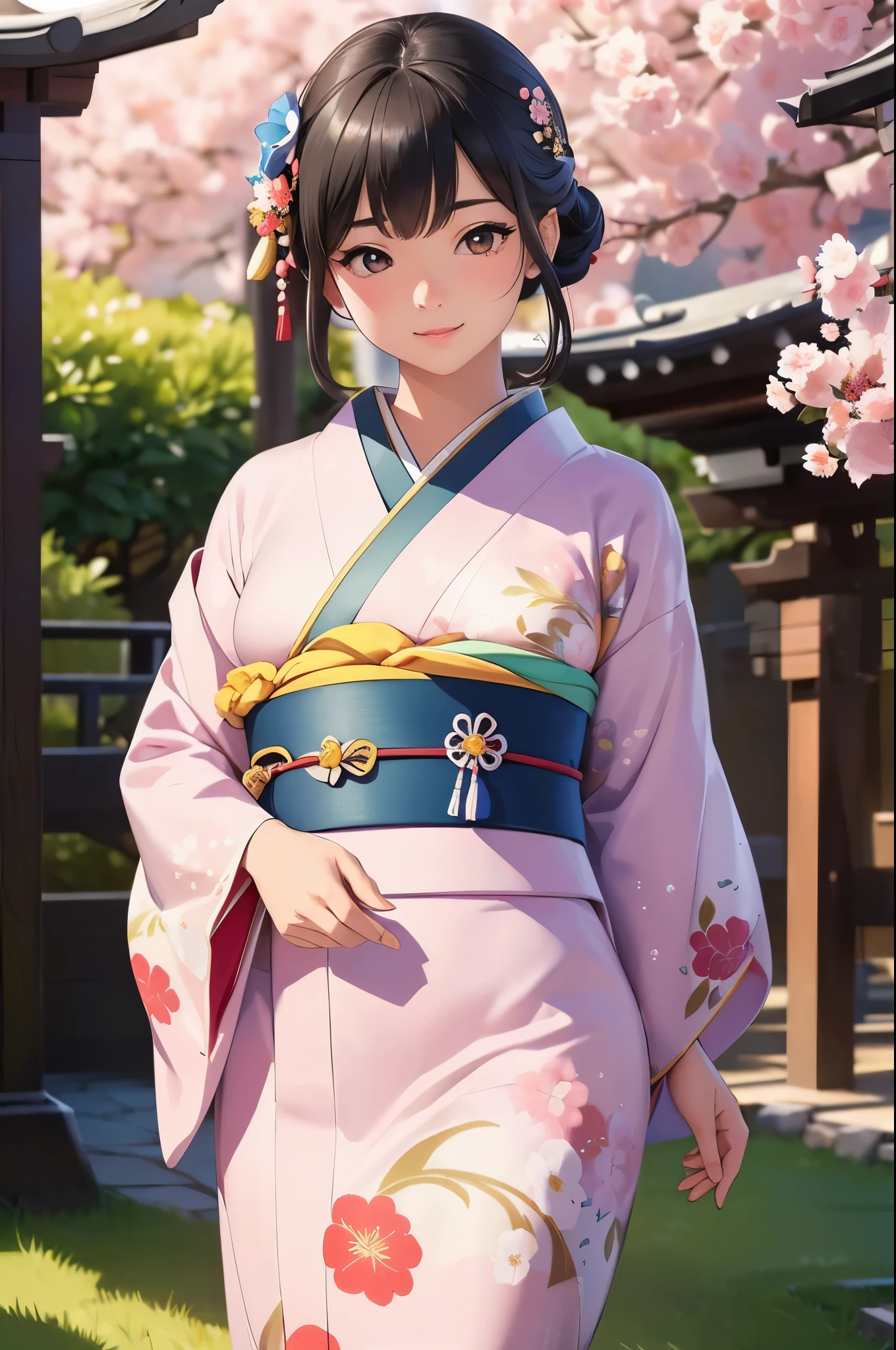 (masterpiece, highest quality, Realistic, High resolution, :1.3), Sharp focus, 1 Cute Japanese Girl, Hot Model, Highly detailed eyes and pupils, Realistic Skin, Highly detailed hair, Delicate face, Sensual look, Bright lips, Natural Lip, ((whole body shot)), standing pose, smile, (Furisode:1.5), (Floral:1.2), ((sash)), ((obi)), outside of home, (Japanese Style Country), full body,