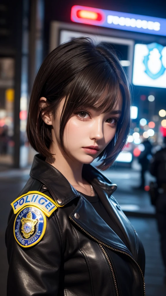 Portrait of a beautiful female model natlp, Georgia Fowler, Beautiful Face, Short dark brown hair, Cyberpunk city at night. She is wearing a leather jacket, Black jeans, Dramatic lighting, (Police Badge:1.2)