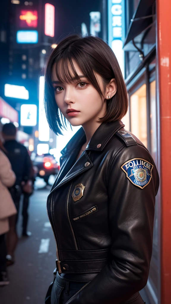 Portrait of a beautiful female model natlp, Georgia Fowler, Beautiful Face, Short dark brown hair, Cyberpunk city at night. She is wearing a leather jacket, Black jeans, Dramatic lighting, (Police Badge:1.2)