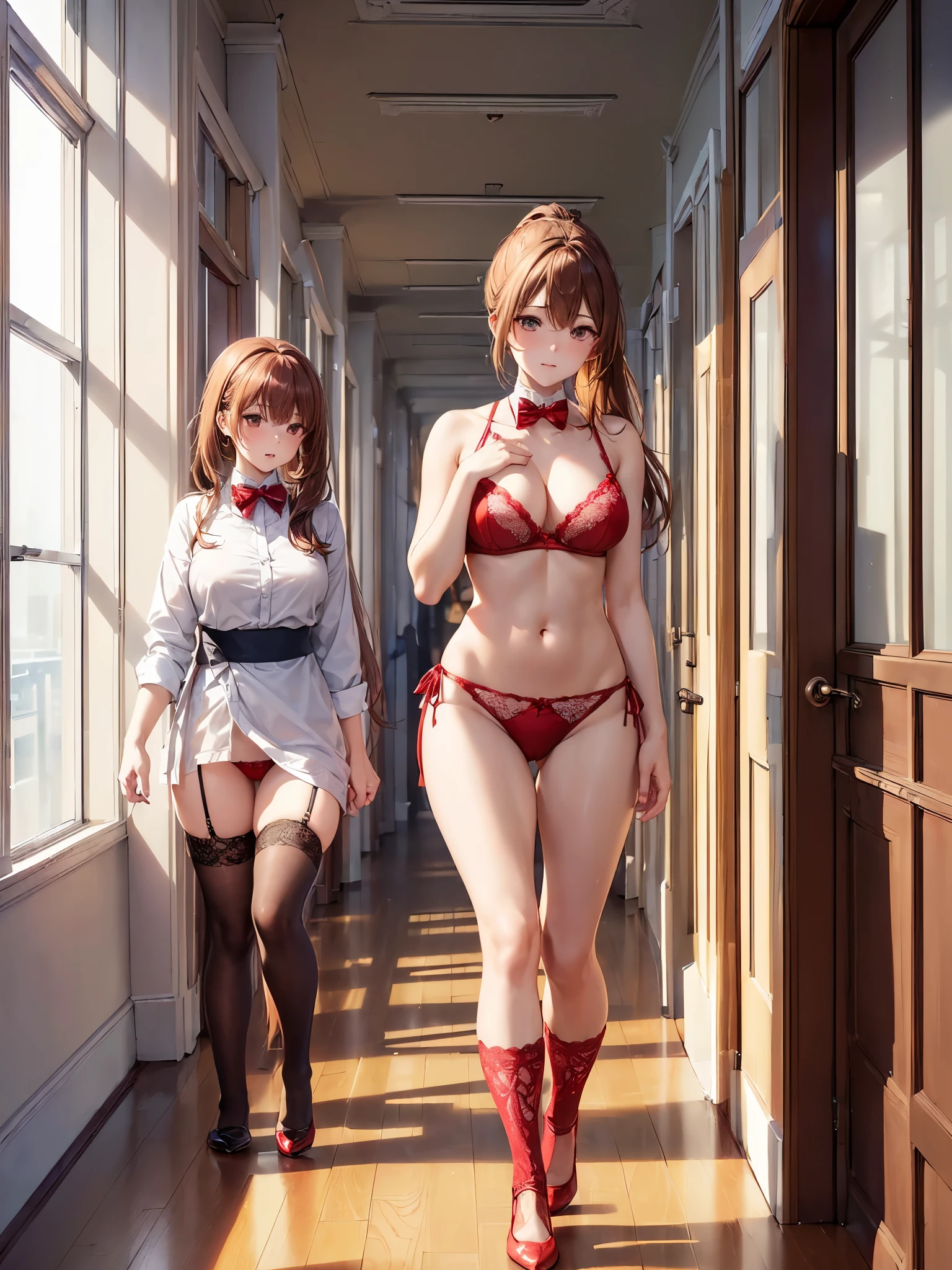 (((masterpiece, Highest quality, High resolution, 超High resolution, Perfect Pixel, Depth of written boundary, 4K, RTTX 10.0))), Beautiful Anime Woman, Beautiful art style, Anime characters, ((Smooth texture, Realistic texture, Anime CG Style)), Perfect and accurate finger count、Exact number of legs、(Exact number of arms:1.0, Exact number of hands:1.0), (Perfect hands, Perfect Anatomy), Cinematic, Realistic, Extremely detailed CG, Daytime lighting, Perfect lighting, Best Shadow, The best natural light, whole body, Perfect body, バランスのとれたPerfect body, Perfectly balanced style, Soft body, Slender body, ((bangs, Reddish brown hair, Long Hair, ponytail)), ((A cute adult woman is walking:1.8)), ((Bow tie around neck:1.3), (Sexy and cute red underwear:1.3), (Stylish shiny red satin panties, Side-tie panties, Panties with plain red center and lace decoration on the sides:1.3), (Red Micro Lace Satin Bra, Red bra with large lace trim around the edges:1.3), (Knee-high socks:1.3):1.4), (Beautiful big boobs:1.1), (Embarrassed expression:1.5), blush, (School corridor, Corridor with windows, Long corridor, In the background, there are many male students walking., The boys are paying attention to the girls:1.7), naked, In underwear, Only bra, panties and knee socks, School shoes, Angle from below the front