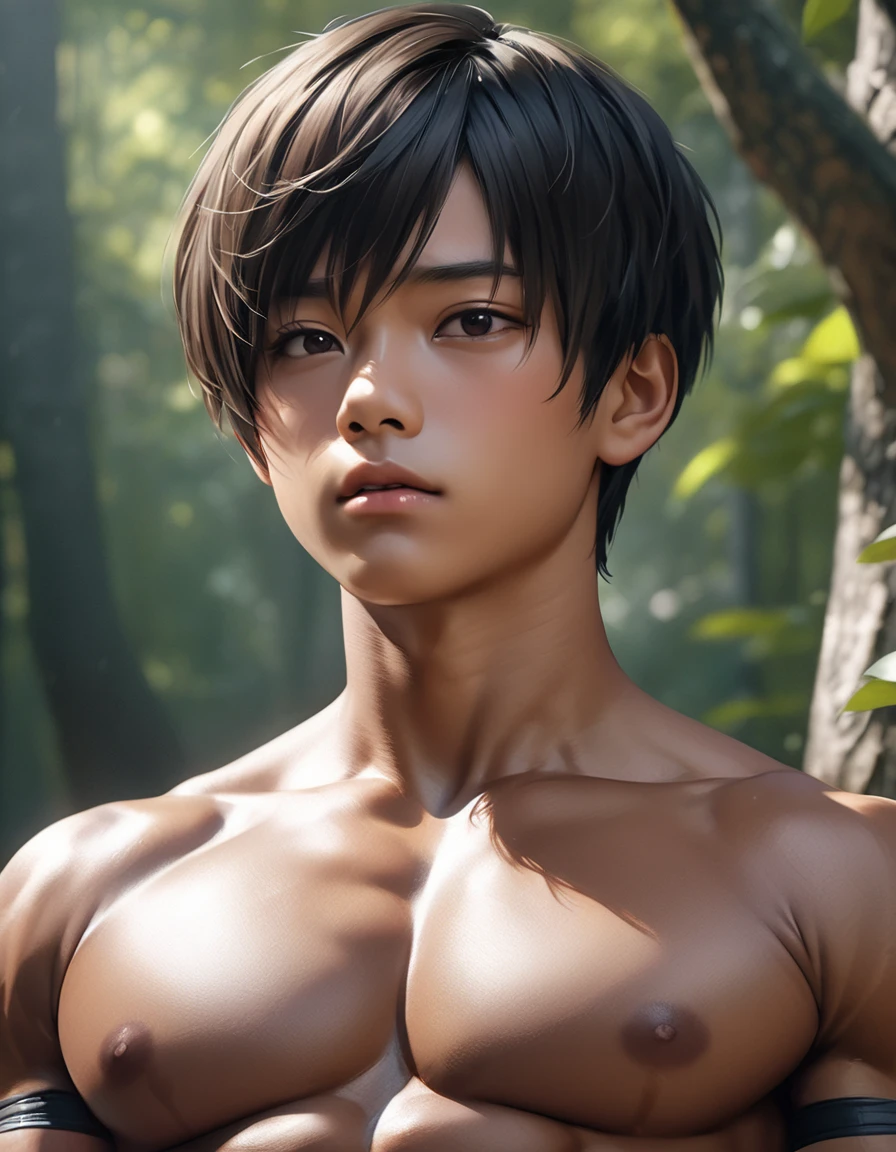high quality, detailed, Realistic,(one tanned japanese wrestler boys:1.5), (detailed black eyes), (black short hair), (muscle:1.5), (tanned dark brown skin), (black tiny thong), (bulge), (detailed nipples), detailed areola, best quality, 4k, 8k, highres, (masterpiece:1.2),ultra-detailed, (realistic, photorealistic, photo-realistic:1.37), forest,(face close up:0.8),--no watch,