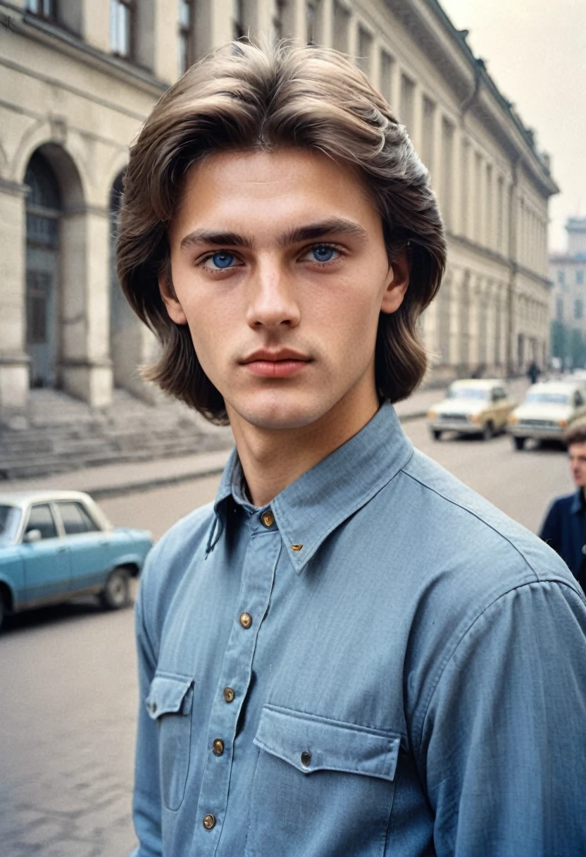 Photo of a handsome man 25 years old, university student in the USSR, 1980s, The photo was taken on the street with architecture in the background. Blue-gray eyes, fashionable,Youth clothing, medium length hair parted in the middle