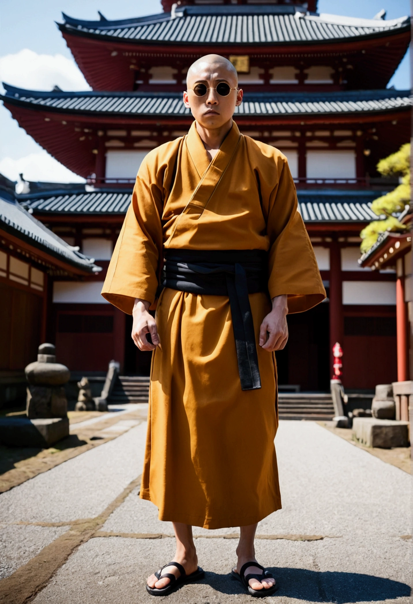 Japanese monk、small、Round sunglasses、Equip yourself with ritual items、Hero of Justice、One Punch Man、Japanese Temples、strongest