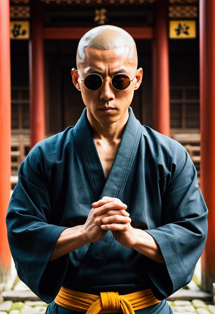 Japanese monk、small、Round sunglasses、Equip yourself with ritual items、Hero of Justice、One Punch Man、Japanese Temples、strongest
