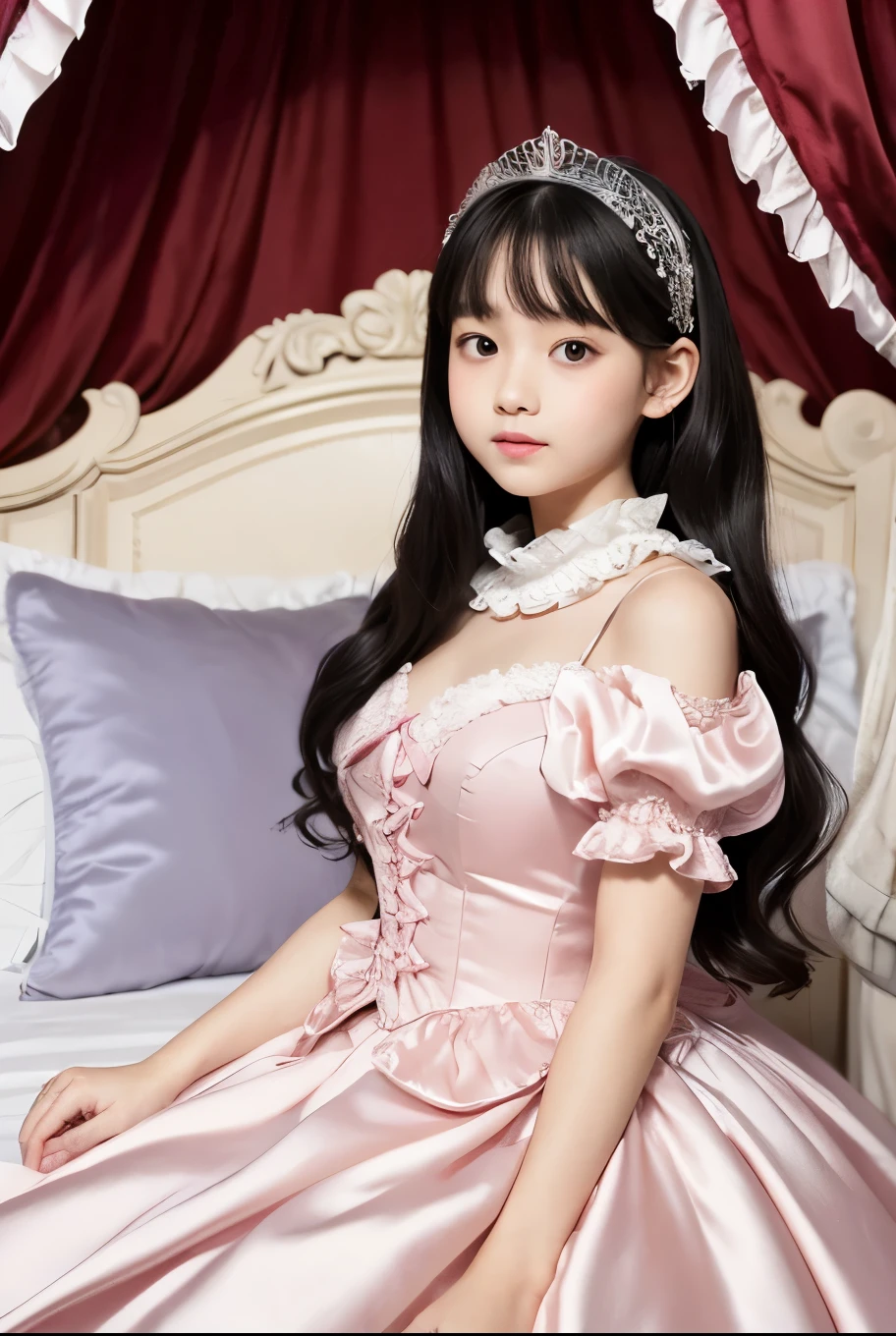 highest quality, masterpiece, highest resolution, artwork, super それにget used to it, many get used to it, get used to it, それにget used to it, 3k realistic pictures,,((12 year old )),Ultra-detailed juvenile face,ultra-detailed beautiful little girl princess,full length ball gown dress with hoop skirt,ruffled yoke collar,puff sleeves,midium sleeve,((Lolita style light pintailed princess satin dress with lots of ruffles and ribbons)),Rococo style lolita fashion,shiny satinss,Soft and smooth fabric,detailed princess dress,luxury,long black hair,dark eyes,white skin Japanese,Pajama,((in the bedroom of the palace)),luxury princess ,shiny satin sheets,ultra-detailed princess bed,High-quality background,lot of frilled pillows,on the bed,