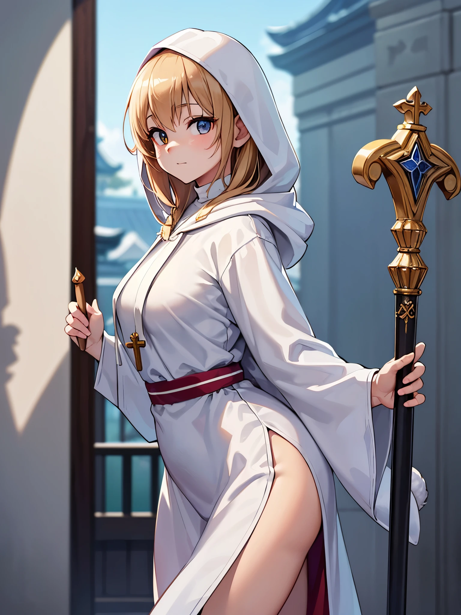 Best quality, masterpiec,ultra high res, furry, real shadow and light, 4K, Cool Pose, ((Furry White Girl Rabbit)), Slim body, ((Wearing Priest Robe)), anthropomorphic, extra detailed body, detailed body, Best quality, masterpiece, ultra high res,detailed background,realistic, real shadow and light,depth of field, ((view from beside)), ((show face)), ((looking at viewer)), ((close up)), ((SFW)), ((Magical Fantasy)), ((Magic stick)), ((Priest Hoodie)), ((At Temple)), ((Angle wins))