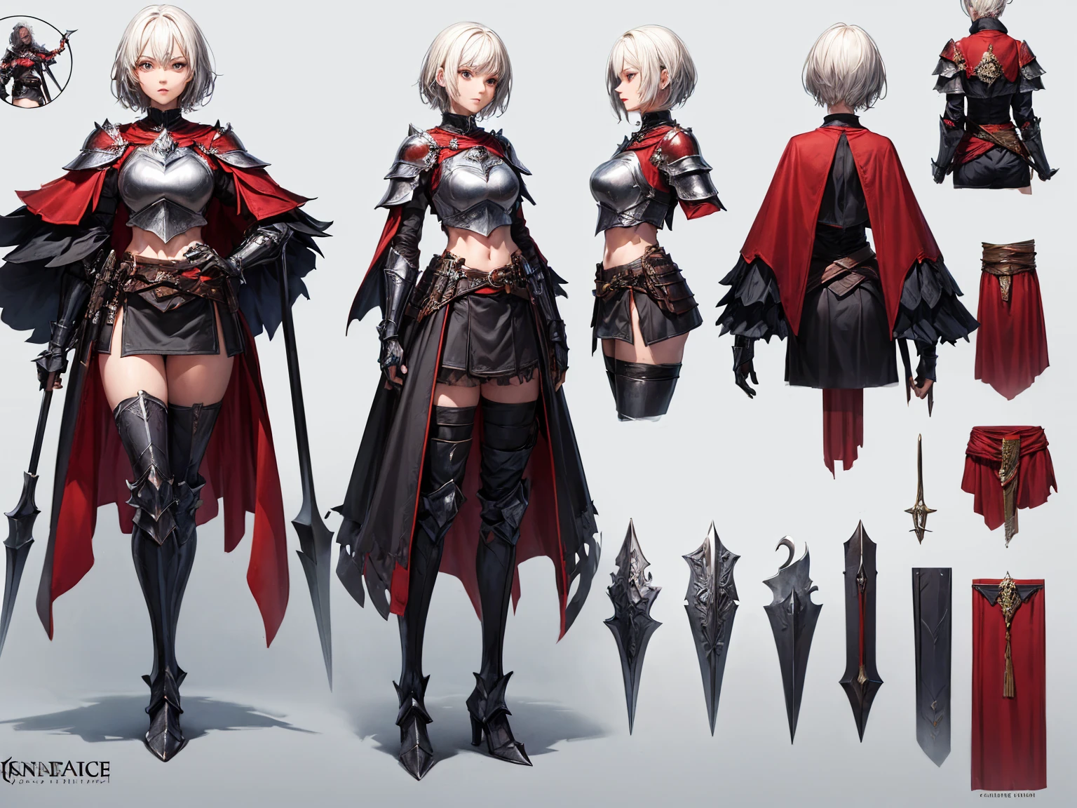 ((masterpiece)),(((best quality))),(character design sheet, same character, front, side, back), illustration, environment change scene, (simple background, white background: 1.3), (fullBody), character turnaround, Front view, Side view, Back view class, multiple views,
Female,
Apparel: Teenager, short chest, Sexy, slender, White hair, Short Hair, Tomboyish,
Aesthetic: (Fantasy), (Knight),
Outfit: Dark Knight Armor, Breastplate, croptop, Midriffs, Waist Cape with Faulds, red cape, Spikey Gauntlet,
Accessories: Lantern around the waist,
Object: Claymore Sword,

