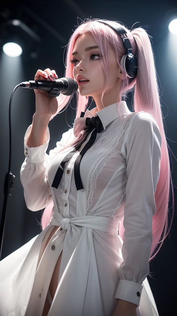 (A photo of a beautiful girl in fashionable casual clothes singing into a microphone with headphones on in a recording studio was posted on social media.) (The beautiful girl is 17 years old, 18% Japanese, 26% French, and 56% Ukrainian, 178 cm tall, small bust but good style, with a beautiful, well-balanced figure.) (Her hair is pink ash gray and super long, tied in twin tails with black ribbons and curled in a spiral toward the end.) (Her eyebrows are the same color as her hair, thin, slightly thick and short, and her eyelashes are long.) (Her large blue eyes reflect the light of the lighting and are amazingly beautiful like pearls.) (Her nose is high like an English person, her lips are plump and shaped so that you want to kiss them, her skin is translucent white, and the balance between her head and face is in line with traditional Japanese aesthetics.) Her hands must have five fingers. Moreover, even her nails are very delicately depicted. (Single, Masterpiece, Ultra Detailed, Highest Quality, Artistic Composition, Ultra Precision, Realistic, Photorealistic, High Resolution, Dynamic Lighting Effects, Golden Ratio, Surreal). Try your best to meet all these criteria.