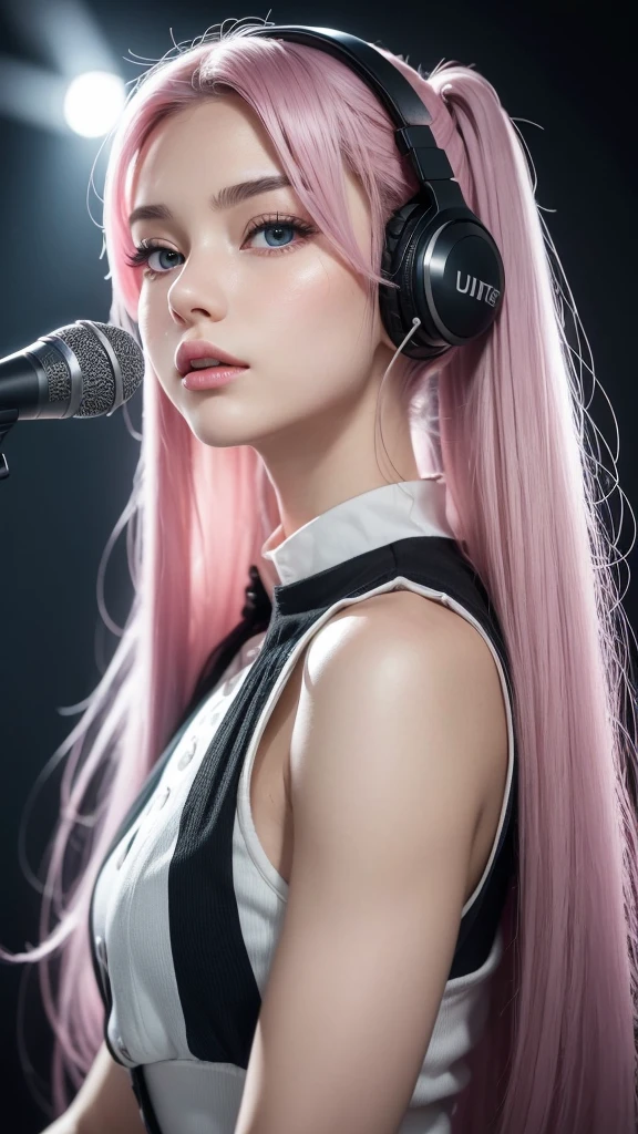 (A photo of a beautiful girl in fashionable casual clothes singing into a microphone with headphones on in a recording studio was posted on social media.) (The beautiful girl is 17 years old, 18% Japanese, 26% French, and 56% Ukrainian, 178 cm tall, small bust but good style, with a beautiful, well-balanced figure.) (Her hair is pink ash gray and super long, tied in twin tails with black ribbons and curled in a spiral toward the end.) (Her eyebrows are the same color as her hair, thin, slightly thick and short, and her eyelashes are long.) (Her large blue eyes reflect the light of the lighting and are amazingly beautiful like pearls.) (Her nose is high like an English person, her lips are plump and shaped so that you want to kiss them, her skin is translucent white, and the balance between her head and face is in line with traditional Japanese aesthetics.) Her hands must have five fingers. Moreover, even her nails are very delicately depicted. (Single, Masterpiece, Ultra Detailed, Highest Quality, Artistic Composition, Ultra Precision, Realistic, Photorealistic, High Resolution, Dynamic Lighting Effects, Golden Ratio, Surreal). Try your best to meet all these criteria.