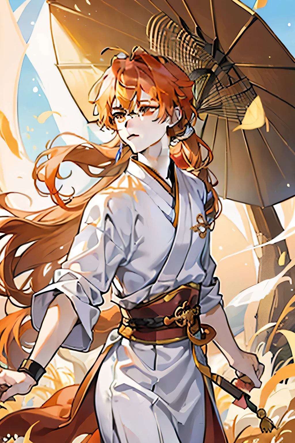 Drawing of a cool young male,Wearing Hanfu,Gold and white are the main colors,The pose is located on the left side,Has long orange hair,One-person image drawn in 2D style。masterpiece、Orange long hair wolf tail,Orange-toned fantasy eyes,Snow days,Gold umbrella with tassels,youth、Mature、Ancient style martial arts sect leader,Chill,Rune paper,Fantasy、Sunlight、Foam Swirl、Wind cyclone、daytime,Extreme weather, Starlight around the character, whole body