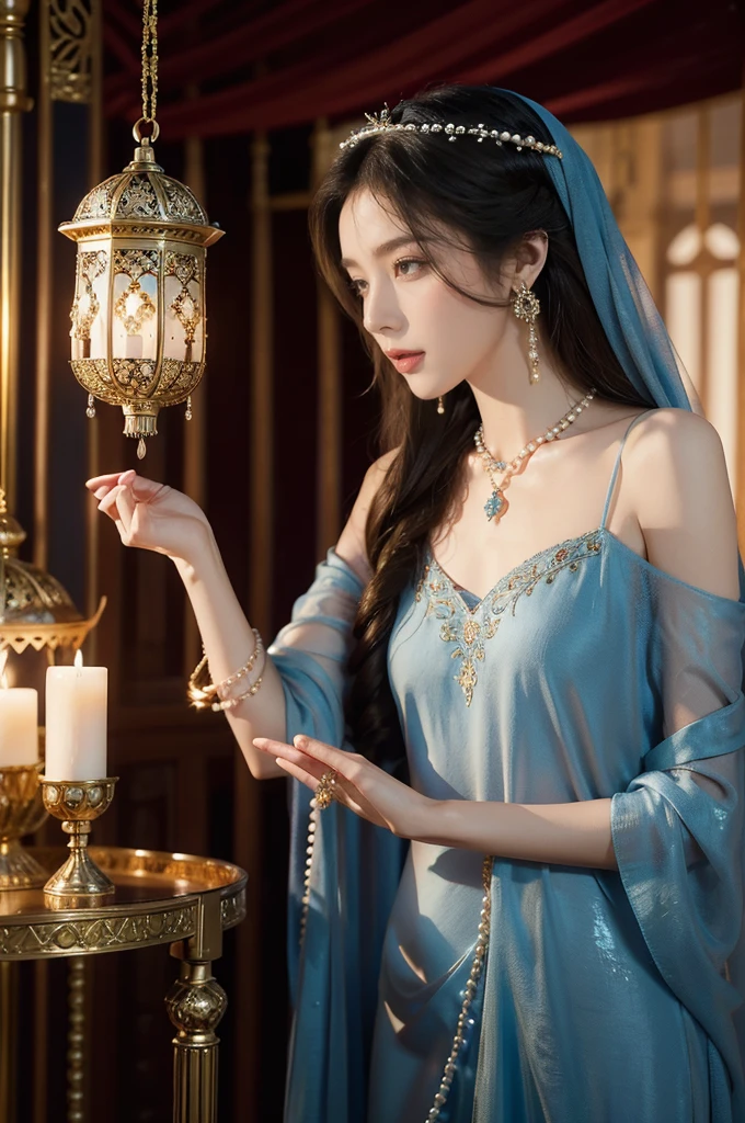 (((best quality))),(((ultra detailed))),(((masterpiece))),illustration,((1girl,Arabian dancer,solo)),((slim,thin)),((small breasts,flat chest)),((earrings,necklace)),((pearls,jewels,gemstones)),(night scene:1.3),(standing:1.3),(in luxurious palace:1.3),(indoor:1.3),(gorgeous embroidered Arabian gown:1.3), intricate patterns,((Arabian theme,Middle Eastern culture)),(shoulder length straight hair:1.2),(sheer veil:1.3),mystery, ornate furnishings, decorations, enchantment, magic, Persian magic carpet,night sky, floating,Aladdin's lamp, blue flame, fulfillment of desires,Open Sesame,door to the heart, candlelight, illumination, longing, romance, timeless love story, One Thousand and One Nights, coherent narrative, dreamlike atmosphere, deep emotions, graceful movements, passion, face beneath the veil, beloved's dream, timeless beauty, enchantment, tribute, magical world, wondrous journey,((from front,upper body))