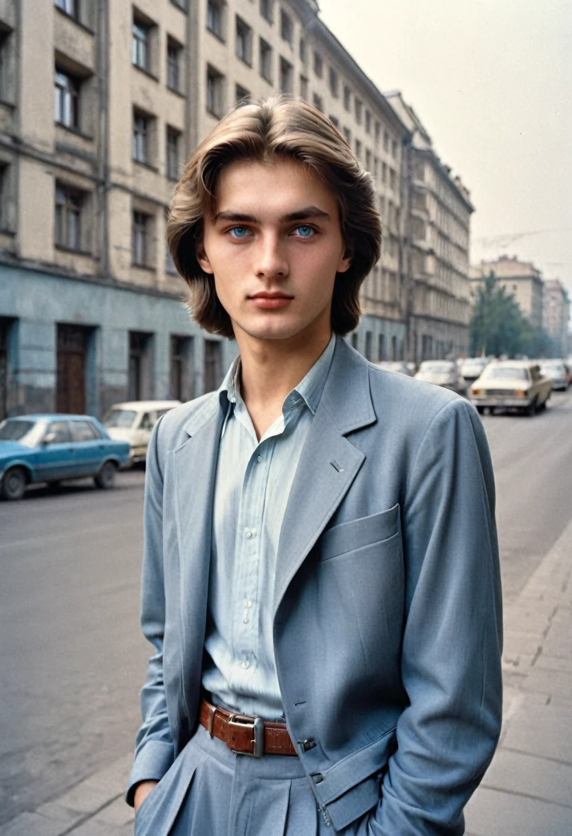 Photo of a handsome man 25 years old, university student in the USSR, 1980s, The photo was taken on the street with architecture in the background. Blue-gray eyes, fashionable,Youth clothing, medium length hair parted in the middle