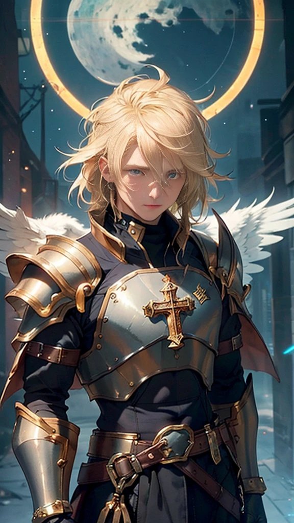 (((mtu))), (((best qualityer))), (((tmasterpiece))), (((AS-Adult))), Look up from your knees, male catholic holy angel,giant shiny intricate wings, perfect body figure, celestial armor, shiny gloves on his hands,The left arm is armored gold,Made of protective devices, The eyes are pulled, (( Appears below the chest )),,For high-resolution posters, hair straight, prudish clothes , (((fully celestial armored))) Full of golden tips and rivets, fire blond flowy hair