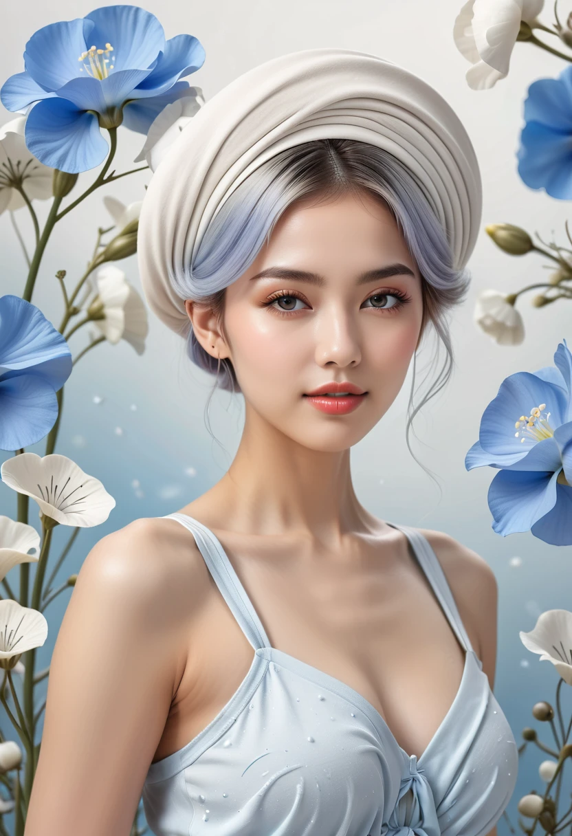 Feminine, high detail and quality, 8K Ultra HD, 3D, beautiful woman, plump, morning, nemophila, fashion magazine cover, seamless pattern, neutral pastel colors, mysterious off-white world, fabric art, art station, a large number of pastel-like detailed designs combining magic and fantasy, splashes, wallpaper design aesthetics, white tones, realistic, super realistic, full color and impressive.