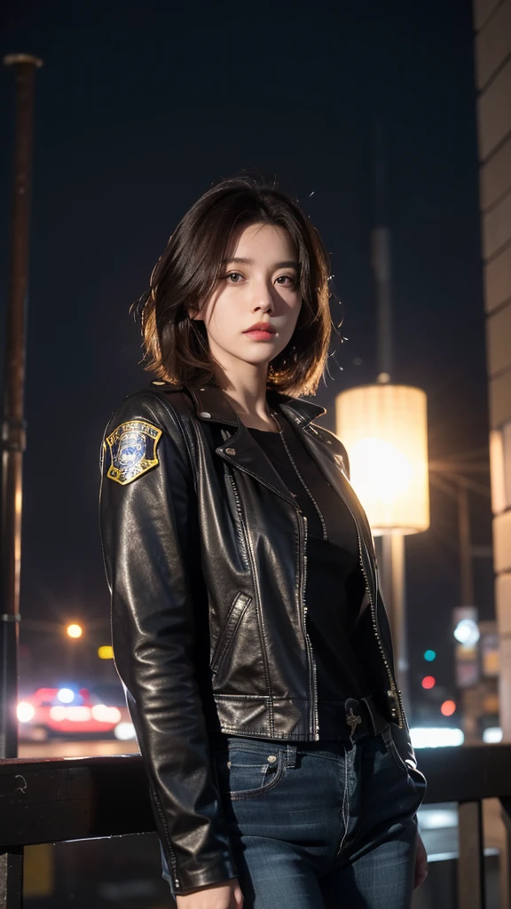 Portrait of a beautiful female model natlp, Georgia Fowler, Beautiful Face, Short dark brown hair, Cyberpunk city at night. She is wearing a leather jacket, Black jeans, Dramatic lighting, (Police Badge:1.2)