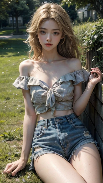 (masterpiece: 1.2, Portraiture, Highest quality), Realistic, (Live Action, Intricate details, Written boundary depth), Highest quality, masterpiece, Attention to detail, semi-Realistic, Sleeping on the grass, shy, 21 years old, Short blonde, blue eyes, blonde、 Slim figure、Shoulder Bare、Shorts 、Blue sky and a few clouds、Rolling on the lawn
