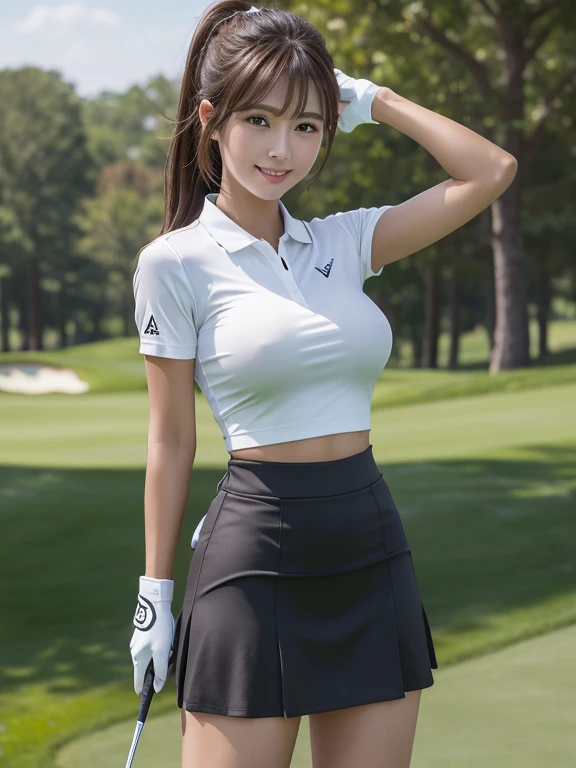 Very detailed CG Unity 8k 壁紙, Highest quality, Very detailed, Tabletop, Realistic, Like the picture, Very detailed美しい女性, 25-year-old woman,The body is slim,(Tight golf wear) , (golf mini skirt) , (Wearing golf gloves)、 Light brown long hair、ponytail、 ((bangs)),Round eyes,  Big eyes、((The shape of the nipples is visible from the top of the clothes))、Realistic female hands,  blush, smile, Release your lips, Full Body Shot, ((Golf wear that fits your body))、Golf course、Stand upright、