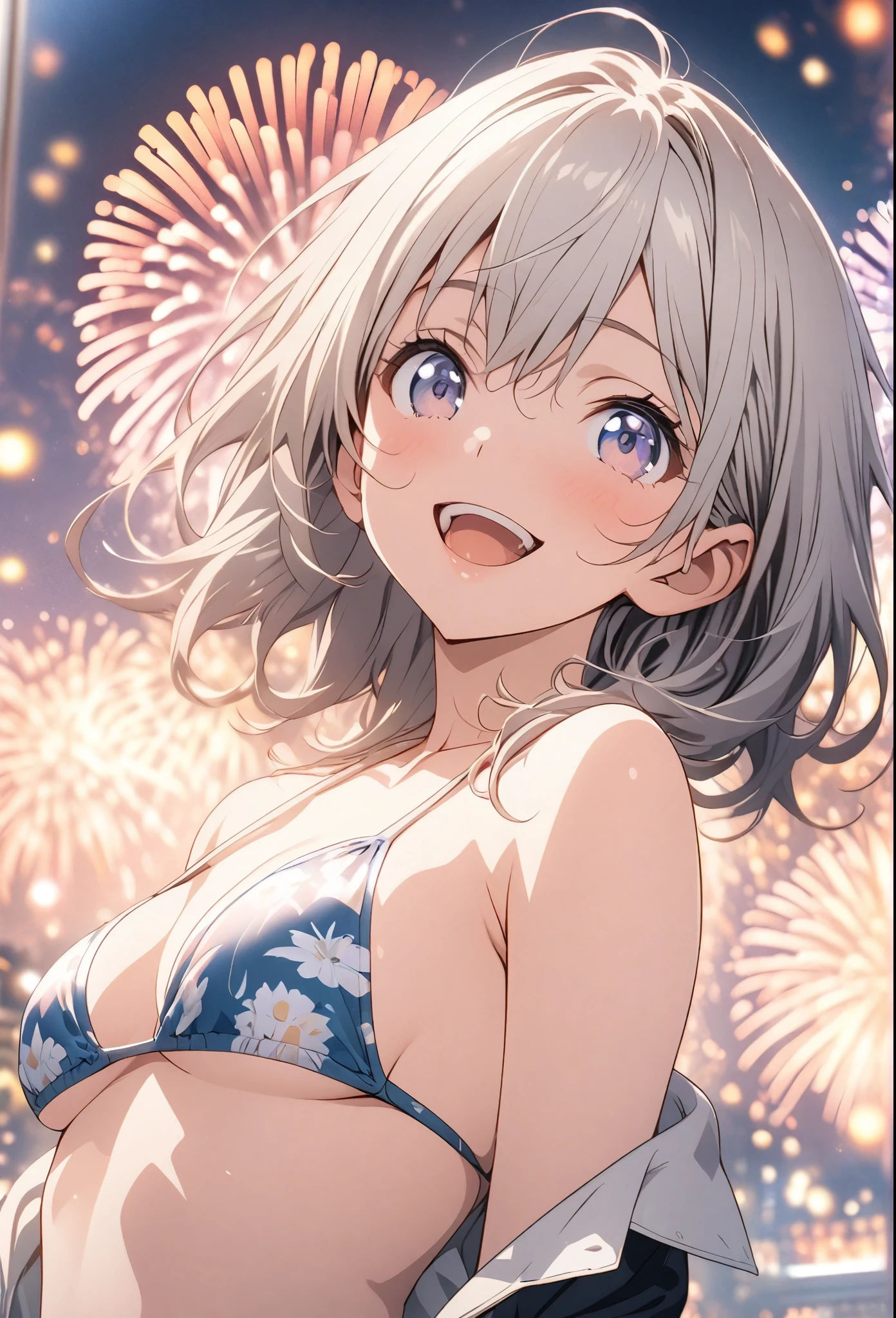 masterpiece, Highest quality, Highly detailed CG Unity 8k wallpaper, High School Girl Anime Illustration. Please wear a small bikini., Open your arms, Her eyes and mouth are open, smile. Silver Hair, black eye, twins, Bokeh Photo, (Soft Focus):1.2, Out of focus highlights, Dreamy atmosphere, Rotating Circle, Fascinating Depth, The background is a realistic fireworks landscape,Low Angle,As if capturing the whole body