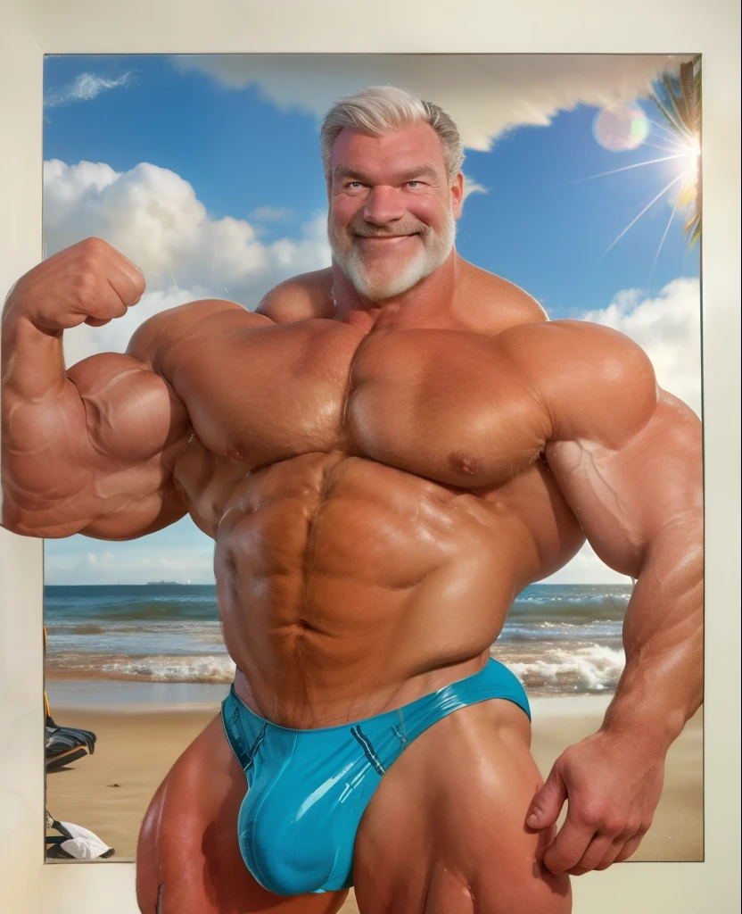 old man, muscle male, on a beach, sunny day, lens flare, big waves, wearing a blue spandex speedo , big bulging crotch, nice bulge, nicebulge, graying hair, smiling, flexing his muscles (double biceps pose)