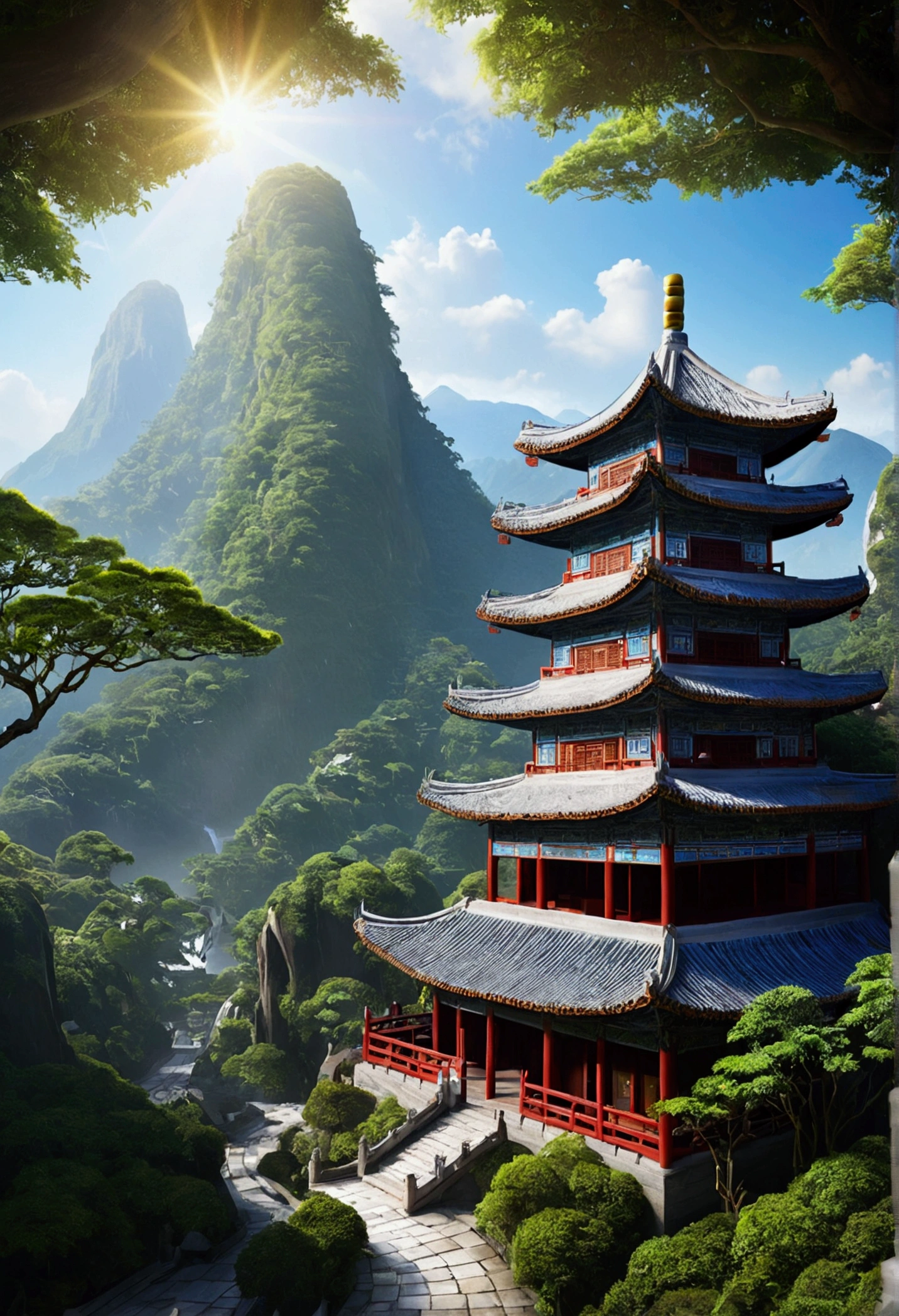 Snow Mountain、jungle、Sunlight、refraction、temple、Wood、jungle、abstract、Zen、Eternity、China、wonderful、Fantasy、Ancient、deep mountain、Overlooking
