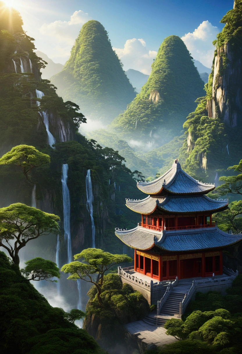 Snow Mountain、jungle、Sunlight、refraction、temple、Wood、jungle、abstract、Zen、Eternity、China、wonderful、Fantasy、Ancient、deep mountain、Overlooking