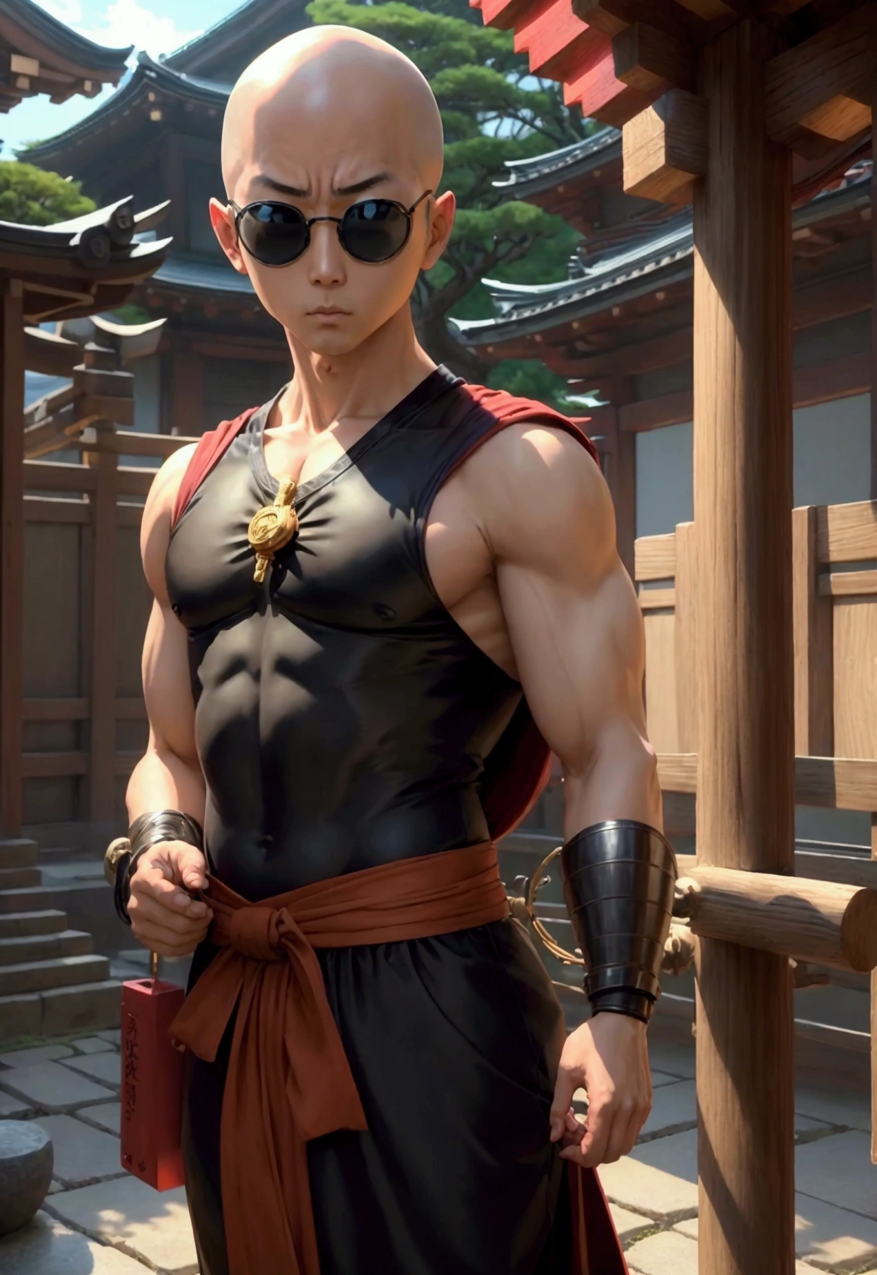 Japanese monk、Small、Round sunglasses、Equip yourself with ritual items、Hero of Justice、One Punch Man、Japanese Temples、strongest