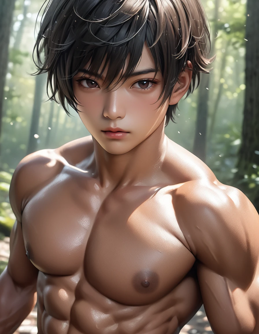 high quality, detailed, Realistic,(one tanned japanese wrestler boys:1.5), (detailed black eyes), (black short hair), (muscle:1.5), (tanned dark brown skin), (black tiny thong), (bulge), (detailed nipples), deareola, best qualit 8k, highres, (masterpiece:1.2),ultra-detailed, (realistic, photorealistic, photo-realistic:1.37), forest,(face close up:0.9),--no watch,