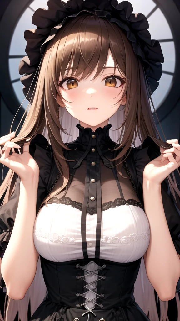 1woman, long hair, brown hair, brown eyes, gothic lolita,
