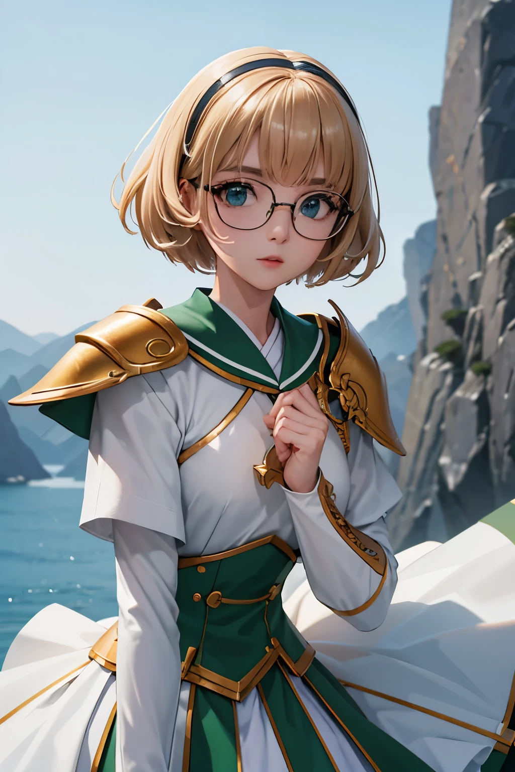 Fuu-Hououji、blonde、Bobcut、Glasseagic騎士レイアース"、Magic Knight、Green Sailor Suit、Green ilver Breastplate、Breast plate、White shoulder rest、White gauntlets、Long sword、（（（ＳＦＷ、sound、Highest quality、first-clasasterpiece、Normal body、8k、Detailed face、Ultra-precision、Normal hand、Normal finger、５Finger、Highest）））、whole body、Wind、magic、Magic Light