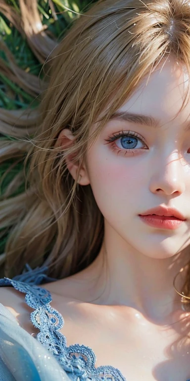 (masterpiece: 1.2, Portraiture, Highest quality), Realistic, (Live Action, Intricate details, Written boundary depth), Highest quality, masterpiece, Attention to detail, semi-Realistic, Sleeping on the grass, shy, 21 years old, Short blonde, blue eyes, blonde、 Slim figure、Shoulder Bare、Shorts 、Blue sky and a few clouds