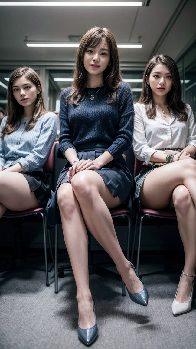 (highest quality, masterpiece, realistic, Super detailed, ultra high resolution, to be born:1.3), (3 girls:1.5), beautiful, Japanese, mature, 28yo, office workers, (tight knit, short skirt), ({money| Silver| wine-red| navy| pink| yellow green| violet| sky blue} Clothes), (smile), (bangs), high waist, necklace, (office, indoor, Glass Room), (long legs, high heels, full body:1.2), (Medium chest:1.3), (crowd)、sexy underwear:1.5