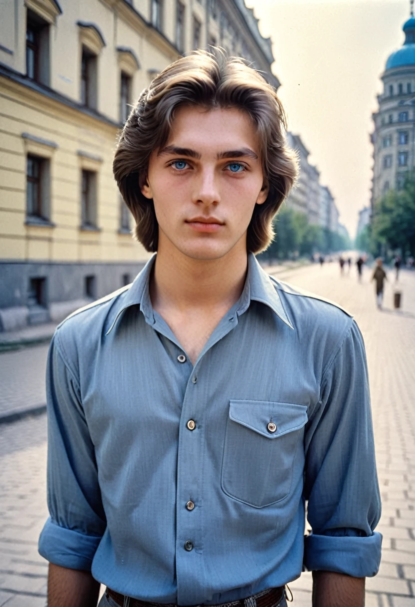 Photo of a handsome man 25 years old, university student in the USSR, 1980s, The photo was taken on the street with architecture in the background. Blue-gray eyes, fashionable,Youth clothing, medium length hair parted in the middle