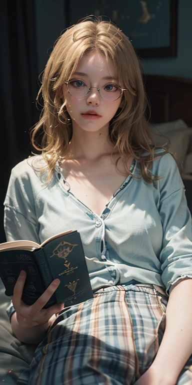 (masterpiece: 1.2, Portraiture, Highest quality), Realistic, (Live Action, Intricate details, Written boundary depth), Highest quality, masterpiece, Attention to detail, semi-Realistic, Sleeping in bed, shy, 21 years old, Short Blonde, blue eyes, pajamas, Slim figure、Dark Room、Reading while wearing glasses