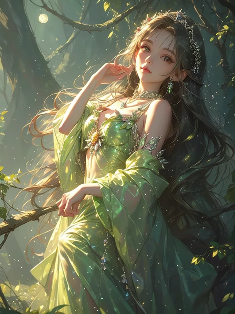 High quality, high resolution, one princess from the fairy kingdom, long silver hair, jeweled wings on her back, a tiara on her head, a jeweled necklace around her neck, a moonlit forest, a fantastic forest, shining, a fantastic lake, fantasy art, her body is shining, there are many butterflies around々 
