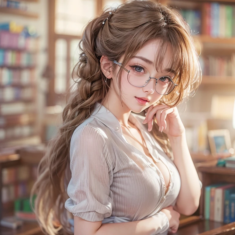 librarian in the library、Neat and clean appearance、White blouse、Tight Skirt、Glasses(masterpiece:1.3), (8k, Realistic, RAW Photos, Best image quality: 1.4), Japanese 、26 years old,(Random Hairstyles:1.2)、Cleavage:1.2、Highly detailed face、Attention to detail、double eyelid、Chest to chest、Sharp focus:1.2、Beautiful woman:1.4、Light brown hair、Highest quality、masterpiece、Ultra-high resolution、(Realistic:1.4)、Highly detailed and professionally lit smiles、She is looking for a book、Braiding、Looking back