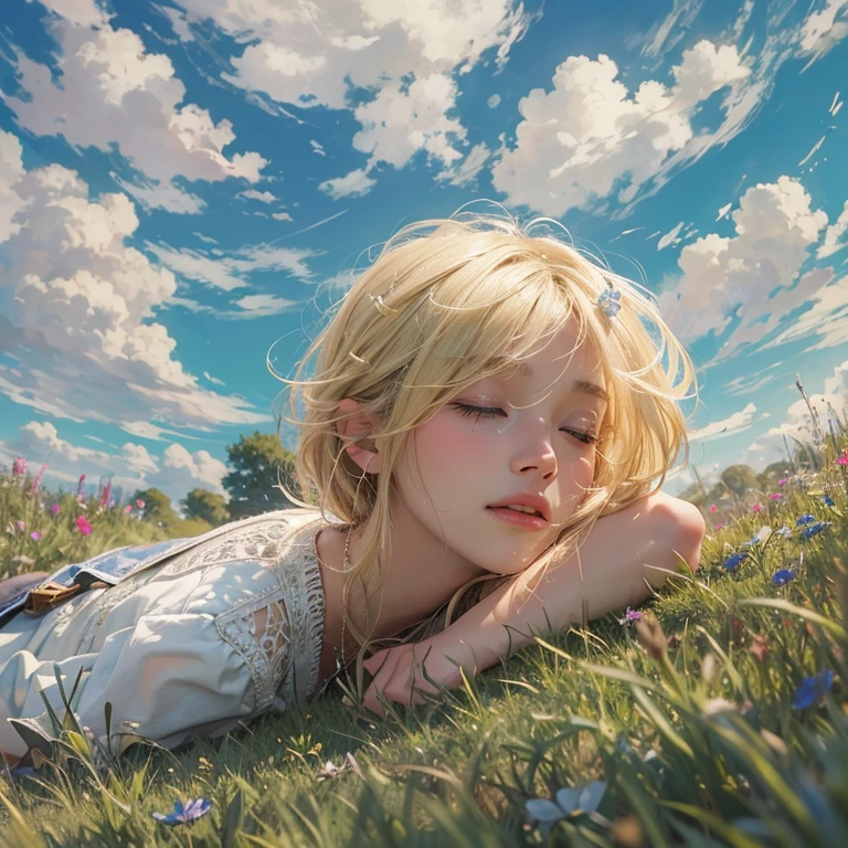 masterpiece: 1.2, Portraiture, Highest quality), Realistic, (Live Action, Intricate details, Written boundary depth), Highest quality, masterpiece, Attention to detail, semi-Realistic, Sleeping on the grass, shy, 21 years old, Short blonde, blue eyes, blonde、 Slim figure、Shoulder Bare、Shorts 、Blue sky and a few clouds、Rolling on the lawn