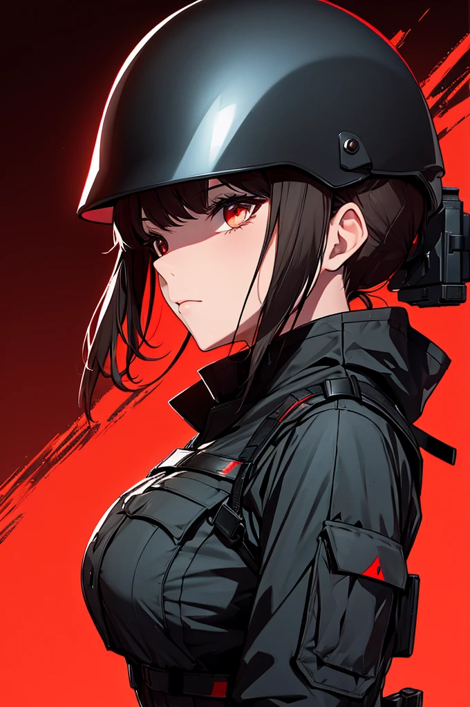 female, color black-swat uniform with red background and swat helmet, alone