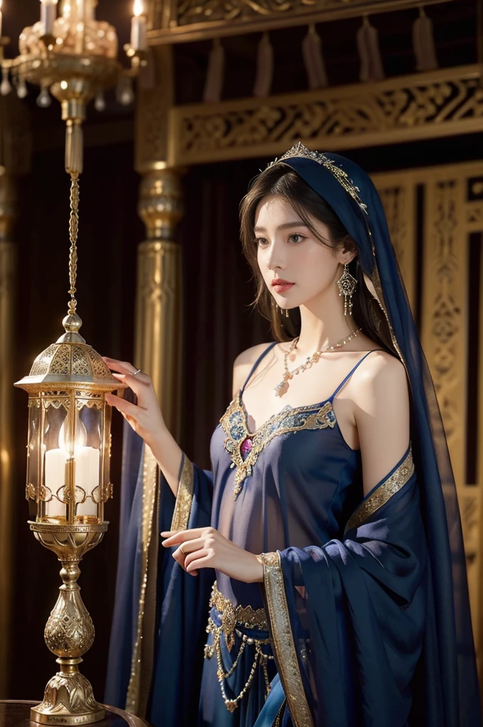 (((best quality))),(((ultra detailed))),(((masterpiece))),illustration,((1girl,Arabian dancer,solo)),((slim,thin)),((small breasts,flat chest)),((earrings,necklace)),((pearls,jewels,gemstones)),(night scene:1.3),(standing:1.3),(in luxurious palace:1.3),(indoor:1.3),(gorgeous embroidered Arabian sheer gown:1.3), intricate patterns,((Arabian theme,Middle Eastern culture)),(shoulder length straight hair:1.2),(sheer veil:1.3),mystery, ornate furnishings, decorations, enchantment, magic, Persian magic carpet,night sky, floating,Aladdin's lamp, blue flame, fulfillment of desires,Open Sesame,door to the heart, candlelight, illumination, longing, romance, timeless love story, One Thousand and One Nights, coherent narrative, dreamlike atmosphere, deep emotions, graceful movements, passion, face beneath the veil, beloved's dream, timeless beauty, enchantment, tribute, magical world, wondrous journey,((from front,upper body))
