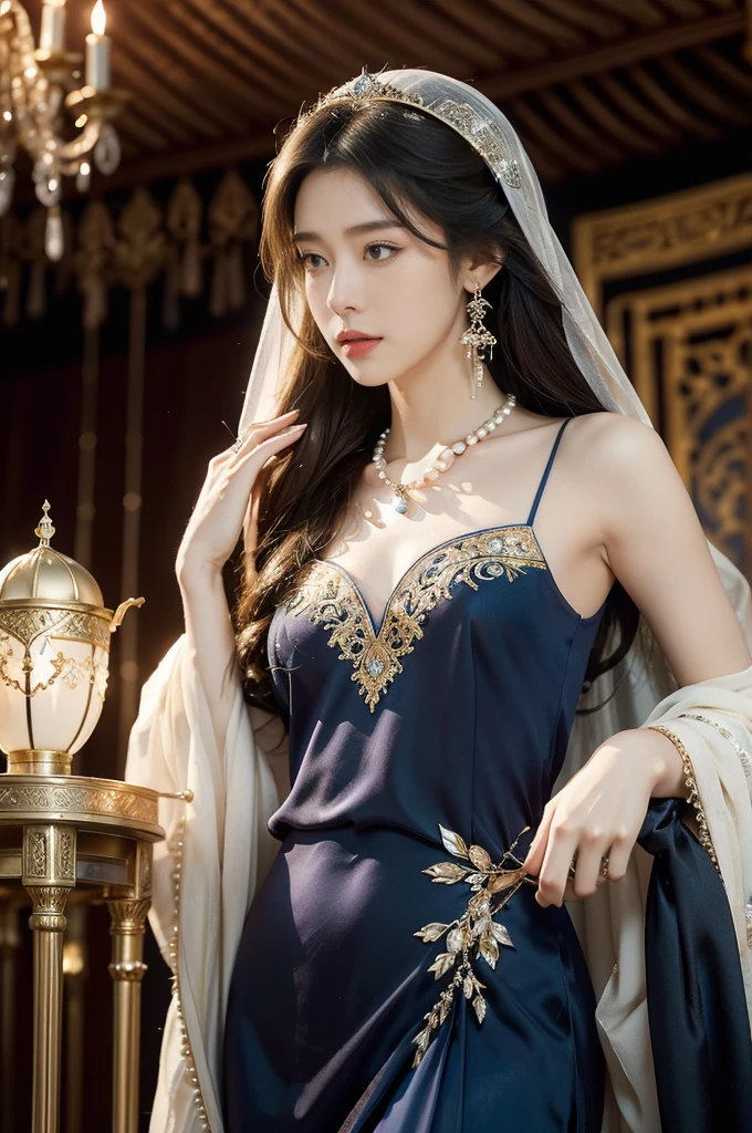 (((best quality))),(((ultra detailed))),(((masterpiece))),illustration,((1girl,Arabian dancer,solo)),((slim,thin)),((small breasts,flat chest)),((earrings,necklace)),((pearls,jewels,gemstones)),(night scene:1.3),(standing:1.3),(in luxurious palace:1.3),(indoor:1.3),(gorgeous embroidered Arabian sheer gown:1.3), intricate patterns,((Arabian theme,Middle Eastern culture)),(shoulder length straight hair:1.2),(sheer veil:1.3),mystery, ornate furnishings, decorations, enchantment, magic, Persian magic carpet,night sky, floating,Aladdin's lamp, blue flame, fulfillment of desires,Open Sesame,door to the heart, candlelight, illumination, longing, romance, timeless love story, One Thousand and One Nights, coherent narrative, dreamlike atmosphere, deep emotions, graceful movements, passion, face beneath the veil, beloved's dream, timeless beauty, enchantment, tribute, magical world, wondrous journey,((from front,upper body))