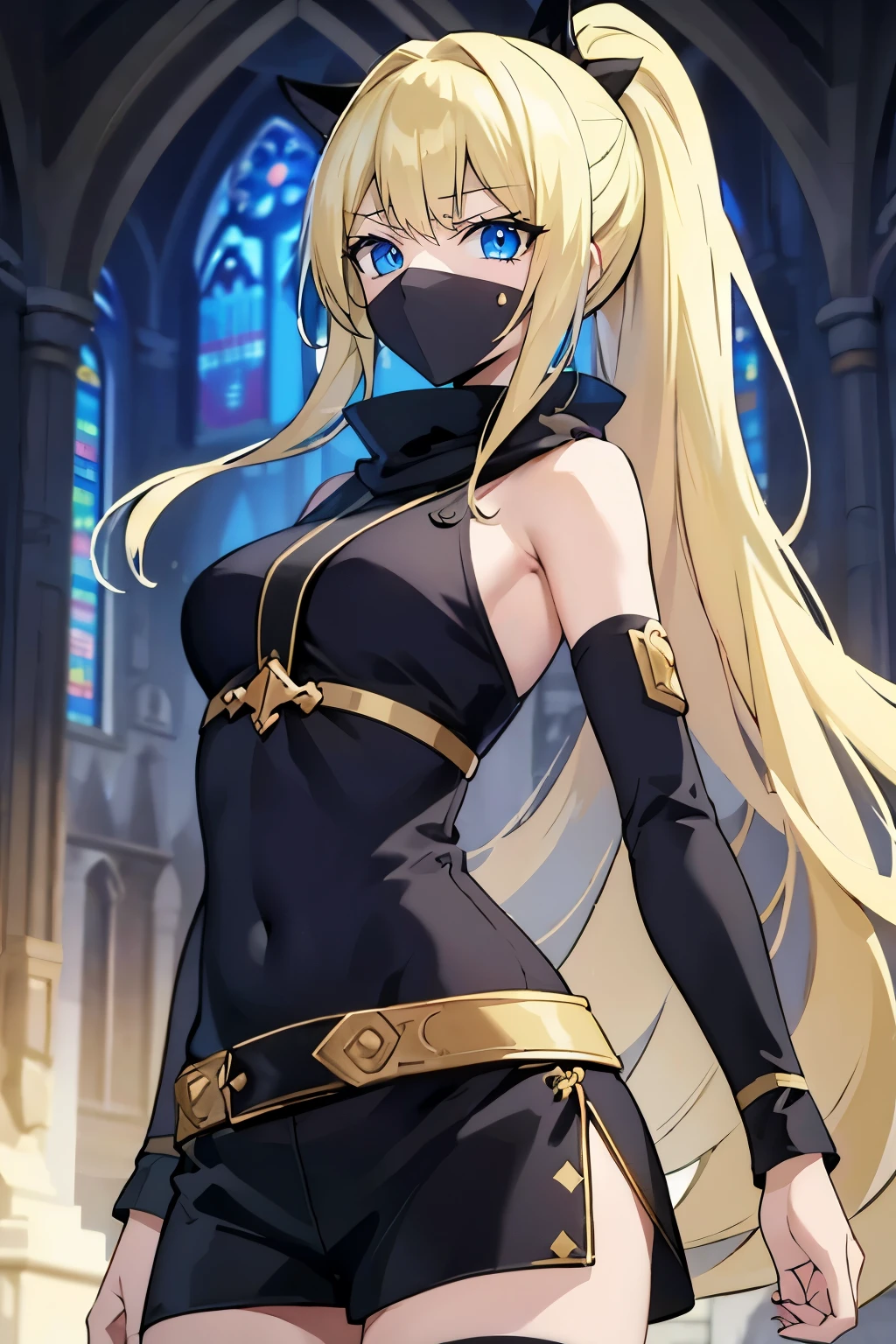 Safe for work, masterpiece, best quality, solo, 1 girl, (young female body:1.4), (medium small breasts), golden yellow hair, extra long hair, blunt bangs, crystal blue eyes, very detailed eyes, cowboy shot, detailed eyes, cathedral backgroumd, church, ponytail, ninja girl, black ninja outfit, black assassin costume, mask over mouth, black shorts, stockings
