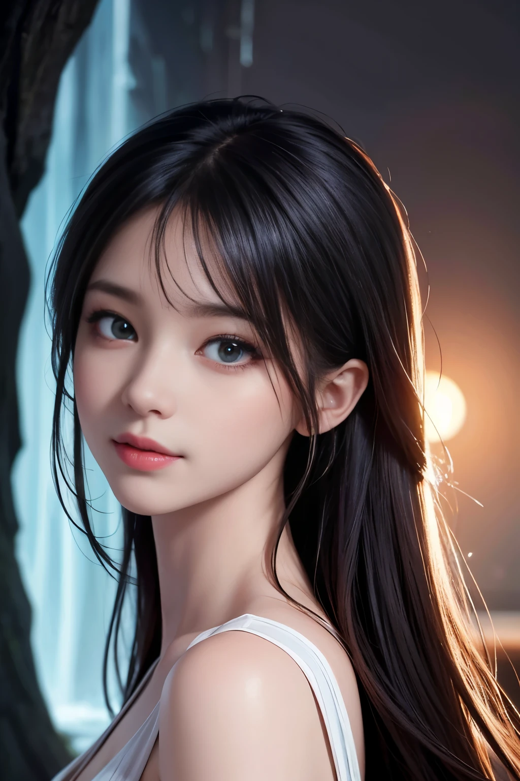 (ultra realistic) , (illustration), (increase resolution), (8K), (extremely detailed), (best illustration), (beautiful detailed eyes), (best quality), (ultra-detailed), (masterpiece), (wallpaper), (detailed face), 1 girl, black straight hair, slender body, delicate details, in the dark, deep shadow, low key, pureerosfaceace_v1, happy smile, summer dress, waterfall, rainforest