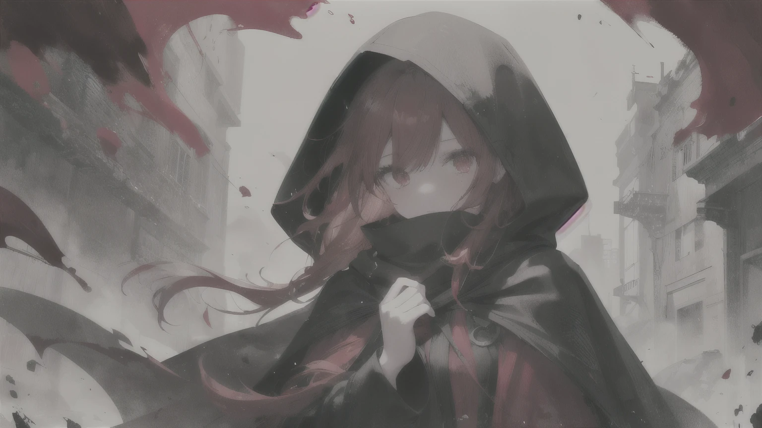 1girl,(red hair)),red eyes,萝,long hair,(loose long hair),((black cloak)),(cape hood),scarf,red moon on the sky,night,floating red flowers falling,upper body,ruins,intense shadows,ash,fire,ice,((Ink wash painting)),((ink splashing)),((color splashing)),