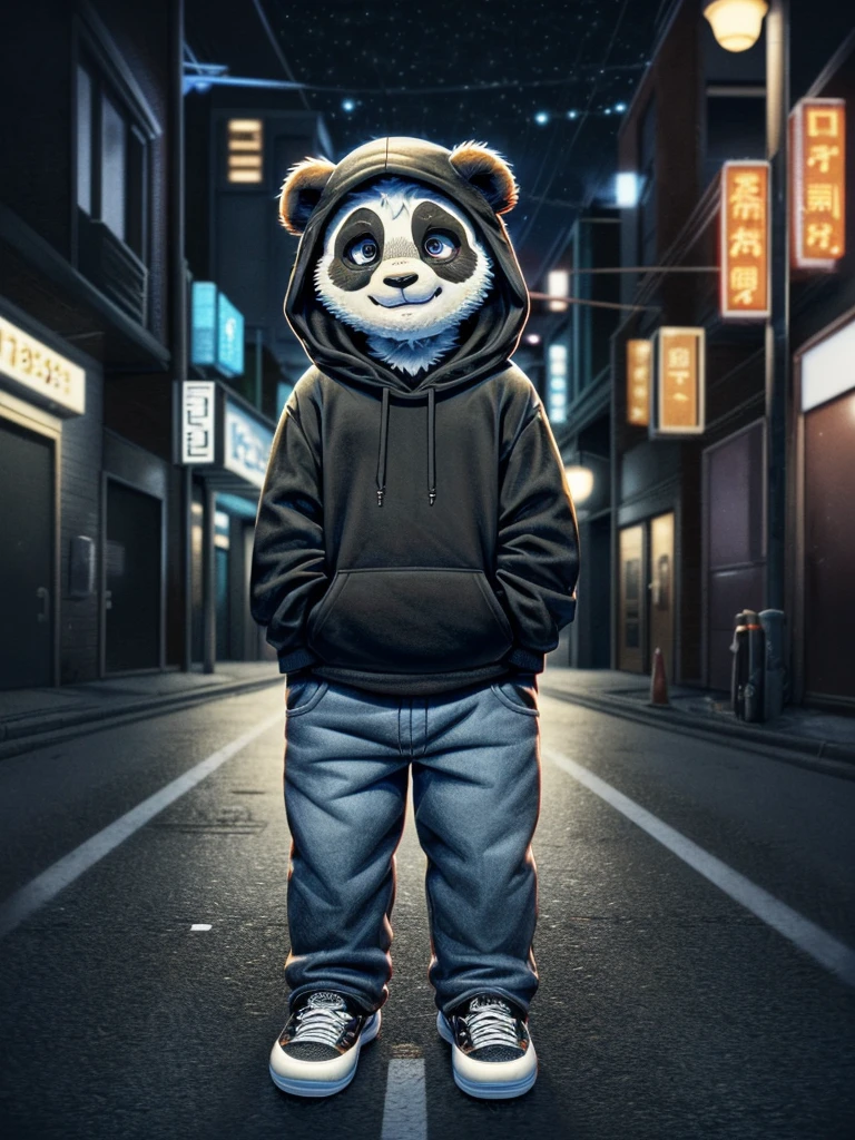 Cute panda character standing on a city street at night。The panda is wearing a black hoodie、Wearing a hood。Wearing baggy jeans and sneakers、Has a street fashion style。There are street lights shining in the background、I see the car lights。The panda has a confident look、I put my hands in my pockets。