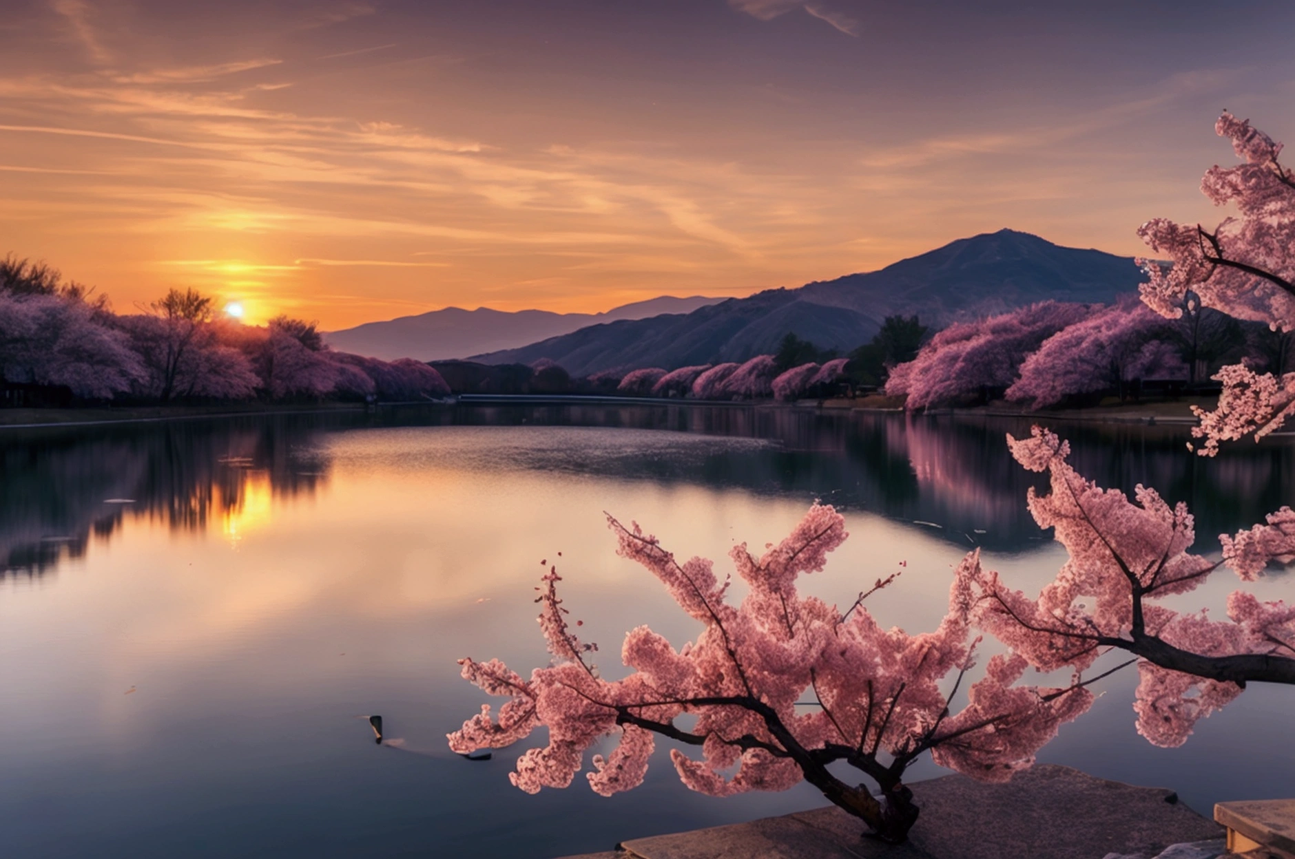 Lake surface at sunset Cherry blossom petals fluttering Awesome Wallpapers Landscape without people　Nostalgic scene　Highly detailed digital art in 4K　Burning sky