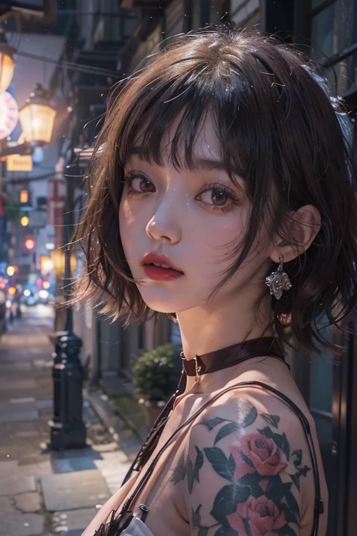 ((Upper Body))、((One Girl))、(20th Generation)、((Very short hair))、((Straight bangs))、((Black-haired))、(Take in the view)、Gothic ta、((Black maid outfit))、(Eye patch for left eye)、(Realistic:1.2)、In 8K、(High Quality Shadows)、Beautiful and delicate face、Beautiful and delicate eyes、Cute K-pop Idol、(The Face of Ulzan in Korea)、(Urzan-6500-v1.1:0.6)、Glowing Eyes、Perfect body、Natural color reproduction、((Strong light))、Bright red lipstick、(choker)、((Brown eyes))、Shiny Hair、Description of beautiful and delicate hair、(Glowing Skin)、(night)、Japanese、(dark alley between buildings)、Street lamp、Shoulder Bare、Small red rose tattoo on the décolletage、Just one tattoo