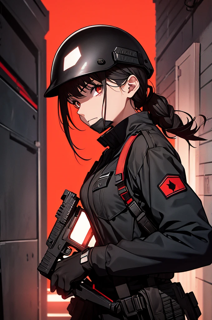 female, color black-swat uniform with red background and swat helmet, alone