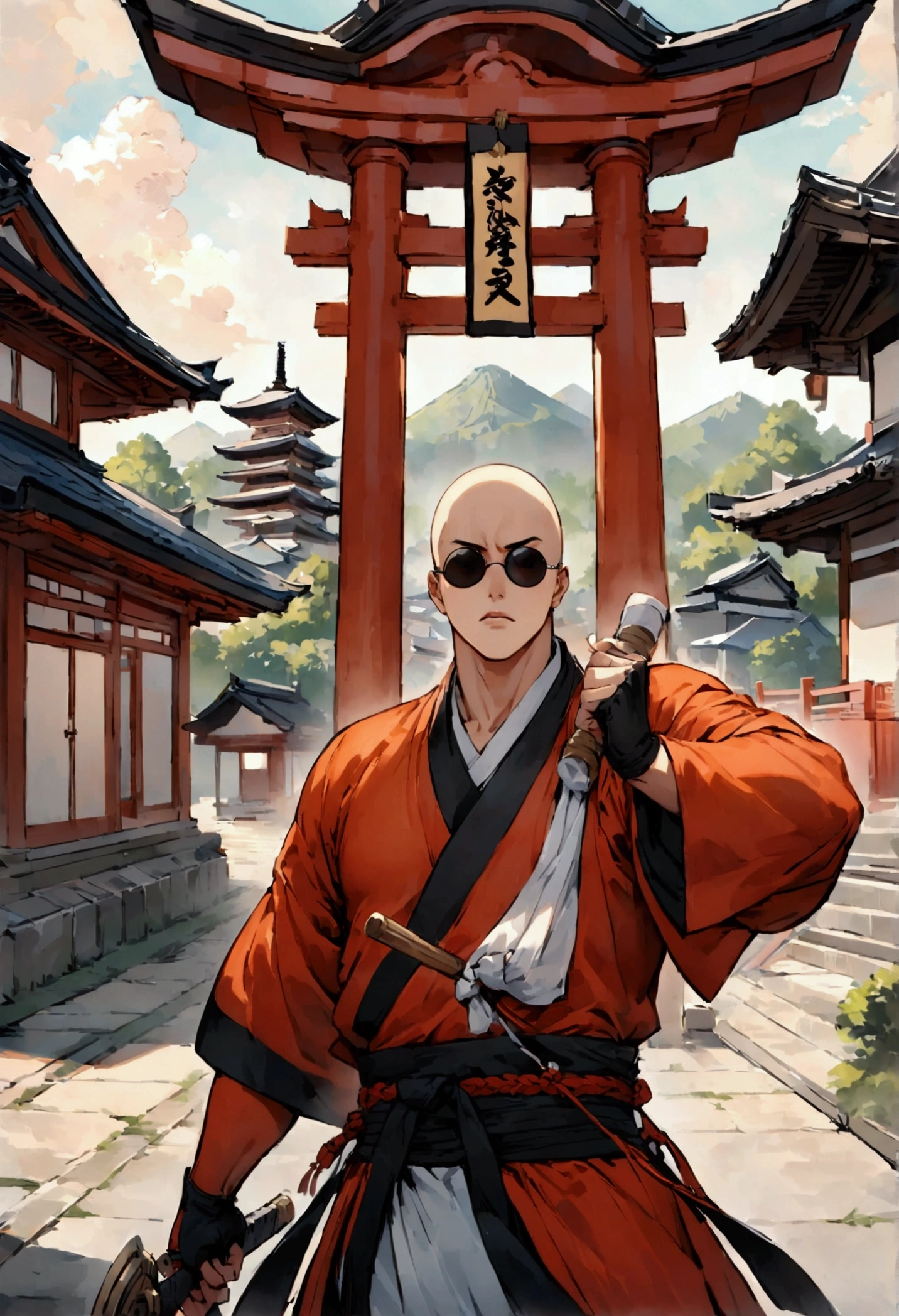 Japanese monk、Small、Round sunglasses、Equip yourself with ritual items、Hero of Justice、One Punch Man、Exorcist、Japanese Temples、strongest
