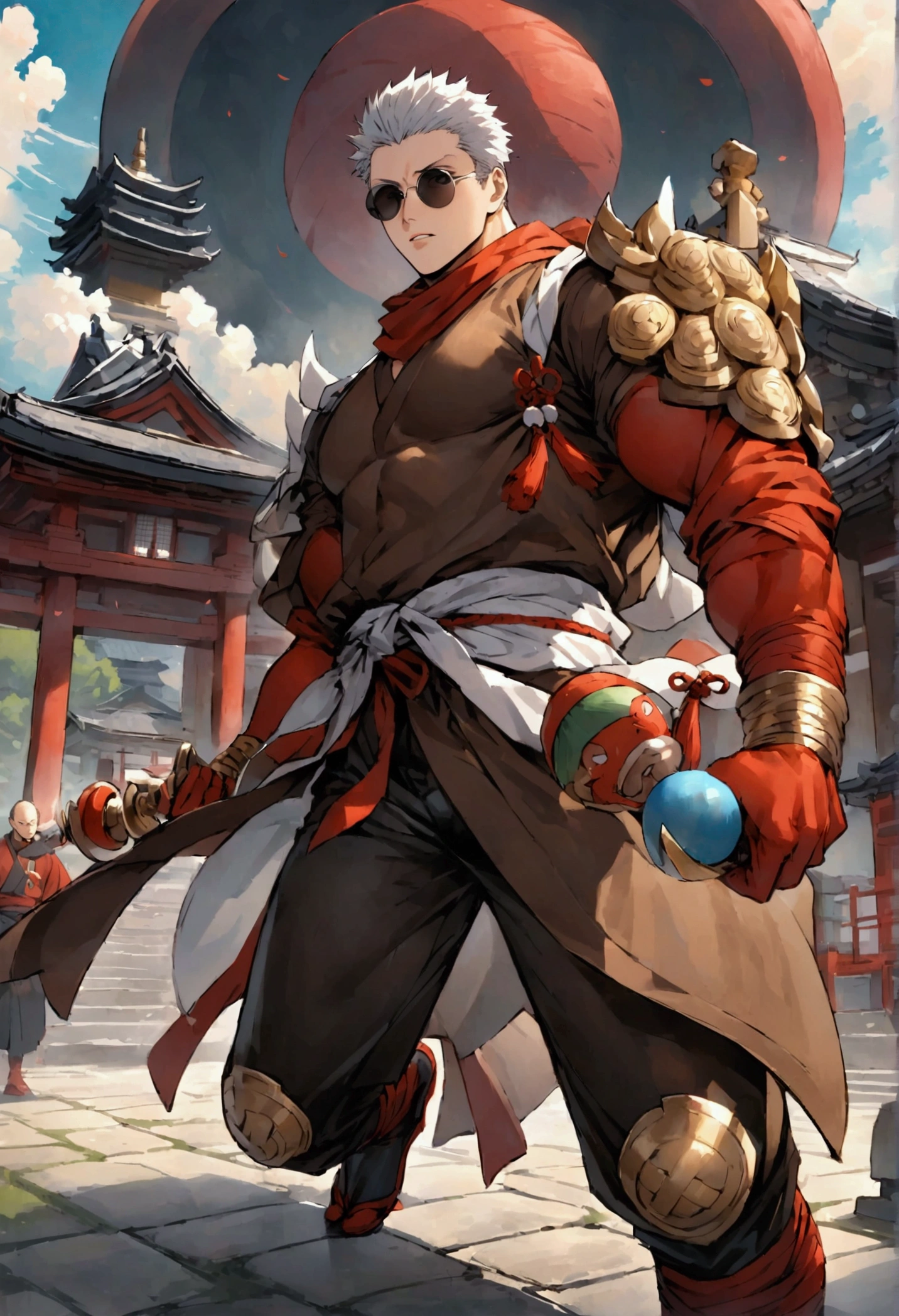 Japanese monk、Small、Round sunglasses、Equip yourself with ritual items、Hero of Justice、One Punch Man、Exorcist、Japanese Temples、strongest
