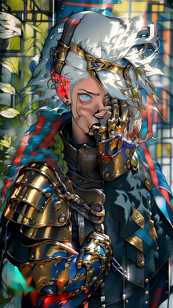 (((mtu))), (((best qualityer))), (((tmasterpiece))), (((AS-Adult))), Look up from your knees, male catholic holy angel,giant shiny intricate wings, perfect body figure, celestial armor, shiny gloves on his hands,The left arm is armored gold,Made of silver and golden protective devices, The eyes are pulled, (( Appears below the chest )),,For high-resolution posters, hair straight, prudish clothes , (((fully celestial armored))) Full of golden tips and rivets, fire blond flowy hair